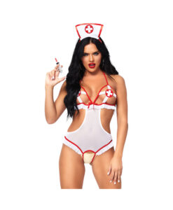 2pc Naughty Nurse, Includes Crotchless Teddy With Peek-a-boo Cups And Matching Headband O/s Wh/rd
