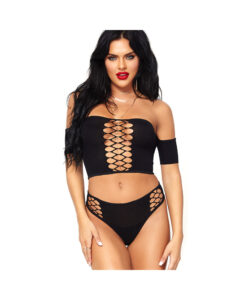 2 Piece Crop Top Net Detail and Thong Back Bottoms Black O/S
