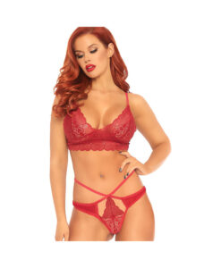 2pc Sweetheart Lace Bralette And Matching Strappy Cut Out G-string. Red Sml/med