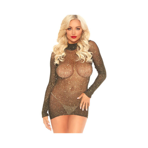 Lurex Long Sleeved High Neck Fishnet Dress. Black/gold O/s