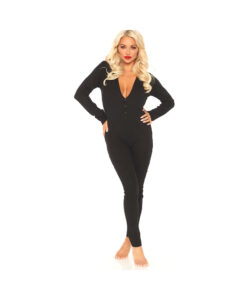 Cozy Brushed Rib Long Johns With Cheeky Snap Closure Back Flap. Black Sml/med