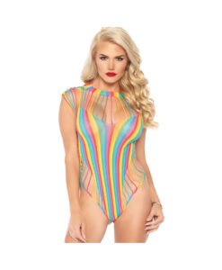 Shredded Opaque Cut Out Teddy With Snap Crotch Rainbow O/s
