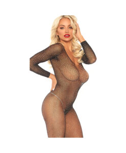 Crystalized Seamless Fishnet Long Sleeved Bodystocking. Black O/s