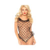 Sheer Mesh Sweetheart Ruffle Teddy With Scalloped Lace Trim And G-string Back. Black Large