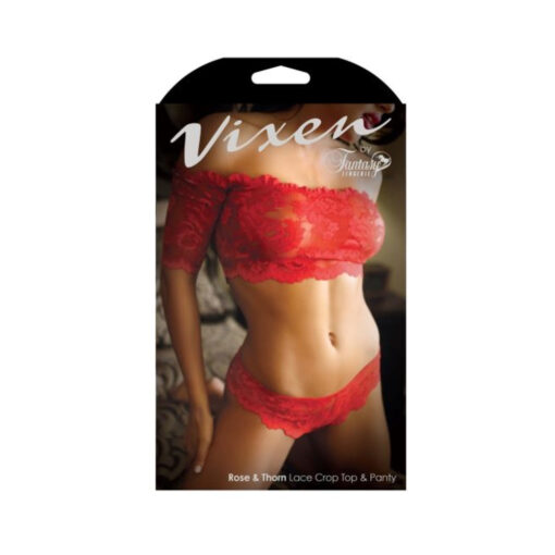 Vixen Rose & Thorn Lace Crop Top & Matching Panty Red One Size - Image 3