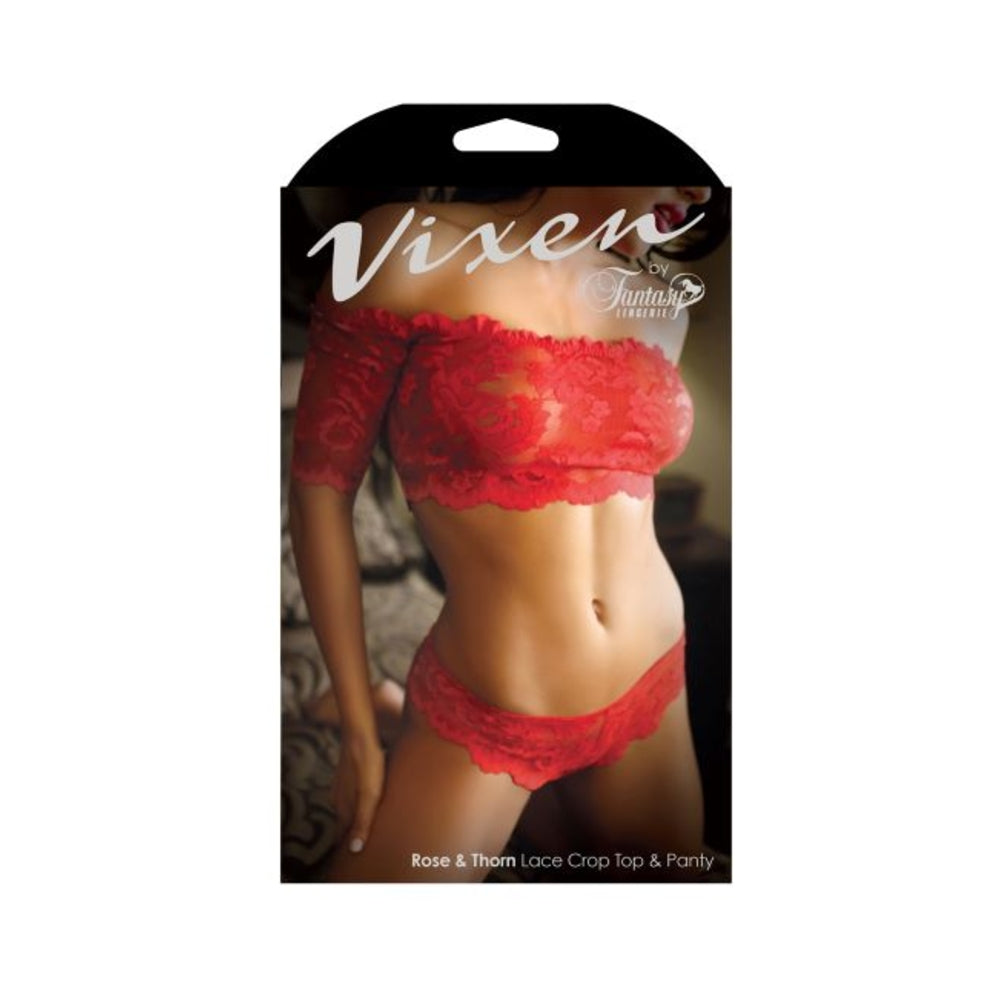 Vixen Rose & Thorn Lace Crop Top & Matching Panty Red L/XL - Image 3