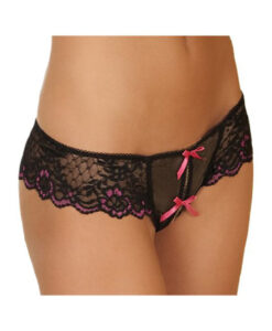 Crotchless Lace Thong W/bows Black 1x/2x