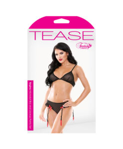 Tease Regina Microdot Bra & Lace Up Panty Set With Detachable Garters Black M/l