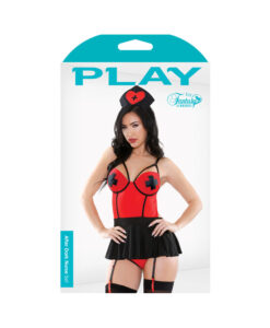 Play After Dark Nurse Costume Set; Medic Hat, Apron Dress & Panty Red/black L/xl