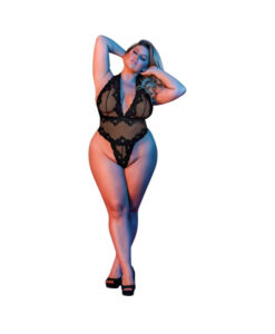 Magic Silk Sexy Time Deep Plunge Halter Teddy Black Queen Size