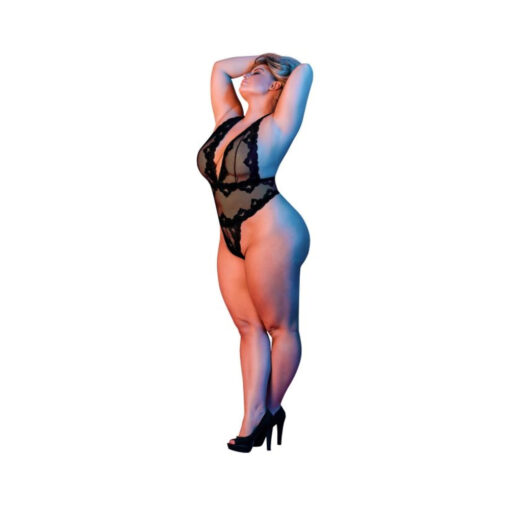 Magic Silk Sexy Time Deep Plunge Halter Teddy Black Queen Size - Image 2