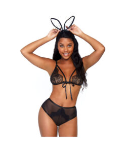 3 Pc Bedroom Bunny, Includes Eyelash Lace Cage Strap Bra Top, Cheeky Backless Panty With Fluffy Tail