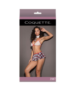 School Girl Fishnet Bralette W/ Plaid Knit Skirt & Collar White/red Os