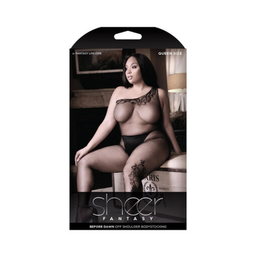 Sheer Before Dawn Off Shoulder Net Bodystocking With Vine Detail One Size