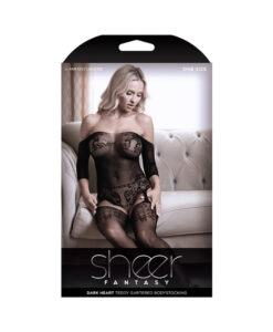 Sheer Dark Heart Off Shoulder Teddy Net Gartered Bodystocking One Size