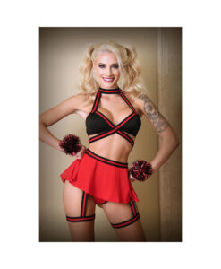 Bralette, Skirt Panty, With Detachable Leg Garter And Pom Pom Wristlets L/xl Black And Red
