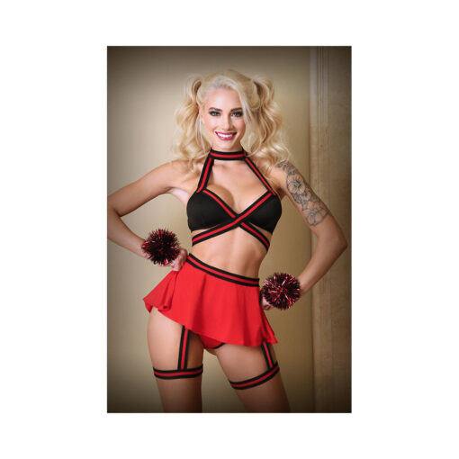Bralette, Skirt Panty, With Detachable Leg Garter And Pom Pom Wristlets L/xl Black And Red