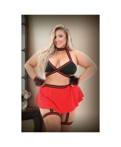 Bralette, Skirt Panty, With Detachable Leg Garter And Pom Pom Wristlets 1x/2x Black And Red