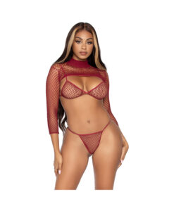 Industrial Net Bikini Top. G-string, Long Sleeve Burgundy Os
