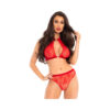 Velvet Trim Lace Halter Top Heart Ring High Waist Matching Thong Red S/m