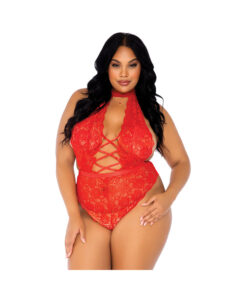 High Neck Floral Backless Teddy With Crotchless Thong Panty Red 1x/2x