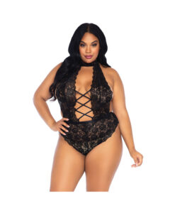 High Neck Floral Backless Teddy With Crotchless Thong Panty Black 1x/2x