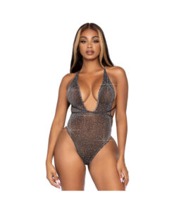 Shimmer Sheer Lunex Rhinestone Teddy, Thong Wrap Around Straps Black Os