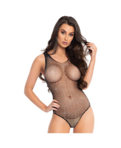 Rhinestone Fishnet Snap Crotch Bodysuit Black Os