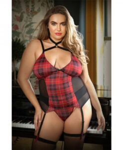 Curve Shannon Plaid Harness Bustier & Panty Red/black 3x/4x