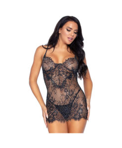 2-piece Eyelash Lace Rhinestone Backless Mini Dress And Matching G-string Medium Black