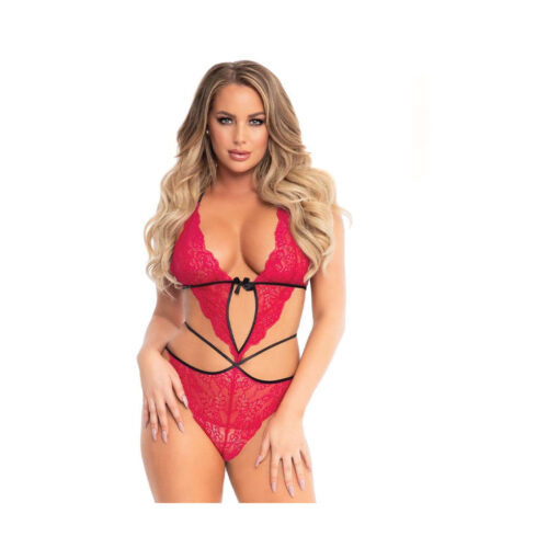 Scalloped Lace Teddy W/cross Straps And Panty S/m Fuchsia