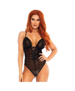 Scalloped Trimmed Sheer Ruched Lace Up Teddy With Cross Over Back Straps S/m Black