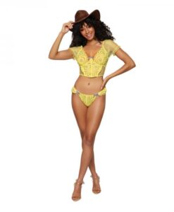 Dreamgirl Embroidered Eyelet Band And Stretch Fishnet Bustier And G-string Set Citrus M