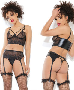 Coquette Longline Bra Garter Belt & G-String Set-Black X-Large