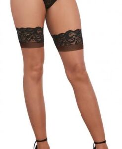 Cuban Heel Lace Top Thigh High Stockings Nude Black O/S