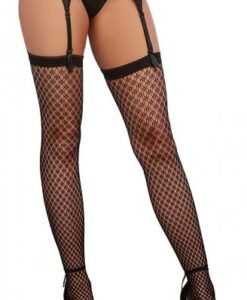 Fishnet Plaid Thigh High Stockings Black O/S