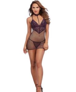 Alternative view of Chemise & G-String Eggplant Purple O/S
