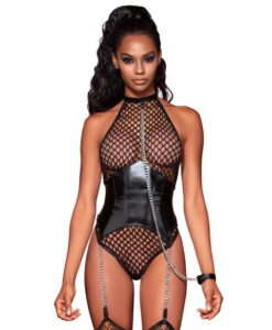 Alternative view of Fishnet Halter Teddy W/ Faux Leather Corset Black O/s