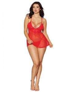 Lace & Mesh Babydoll & G- String Set Lipstick Red O/s