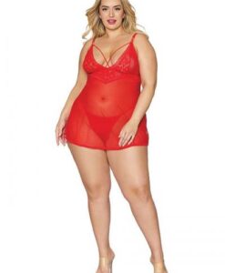 Lace & Mesh Babydoll & G- String Set Lipstick Red Q/s