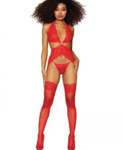 Lace Garter Slip Set W/ Gold Hardware Lipstick Red O/s