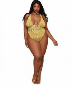 Alternative view of Stretch Lace Teddy & Organza Rosette Harness Set Citrus Q/s