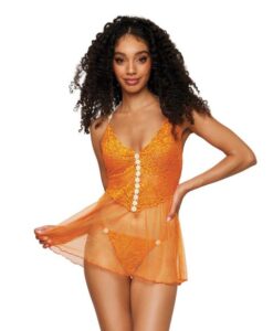 Floral Lace & Mesh Babydoll W/ White Daisy Trim Tangerine O/s