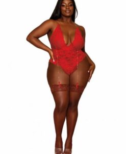 Alternative view of Stretch Lace Garter Teddy W/ Heart Chain Ruby Q/s