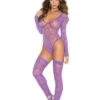 Long Sleeve Teddy With Thigh High Stockings Purple O/S