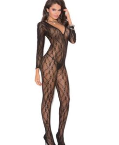 Deep V Bodystocking W/ Long Sleeves Black O/s