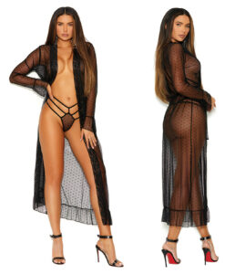 Elegant Moments Long Sleeve Dotted Mesh Robe & Panty-Black 3X