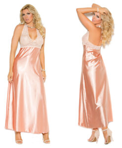 Lace & Charmeuse Halter Neck Gown-Peach 2X