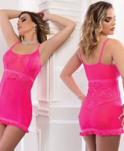2 Pc Studded Flapper Sheer and Lace Mini Dress  With Thong and Garters - One Size - Pink Fever