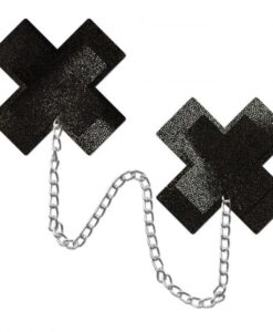 Pastease Chains Liquid Black X Cross W/ Chunky Silver Chain Nipple Pasties